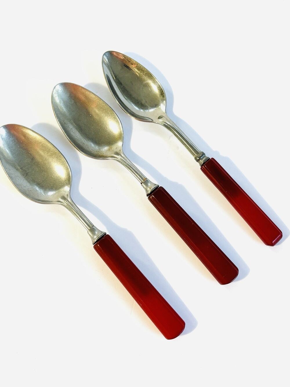 Vintage Apple Red Bakelite Tablespoons Set of 3 Stainless Flatware 7.5"